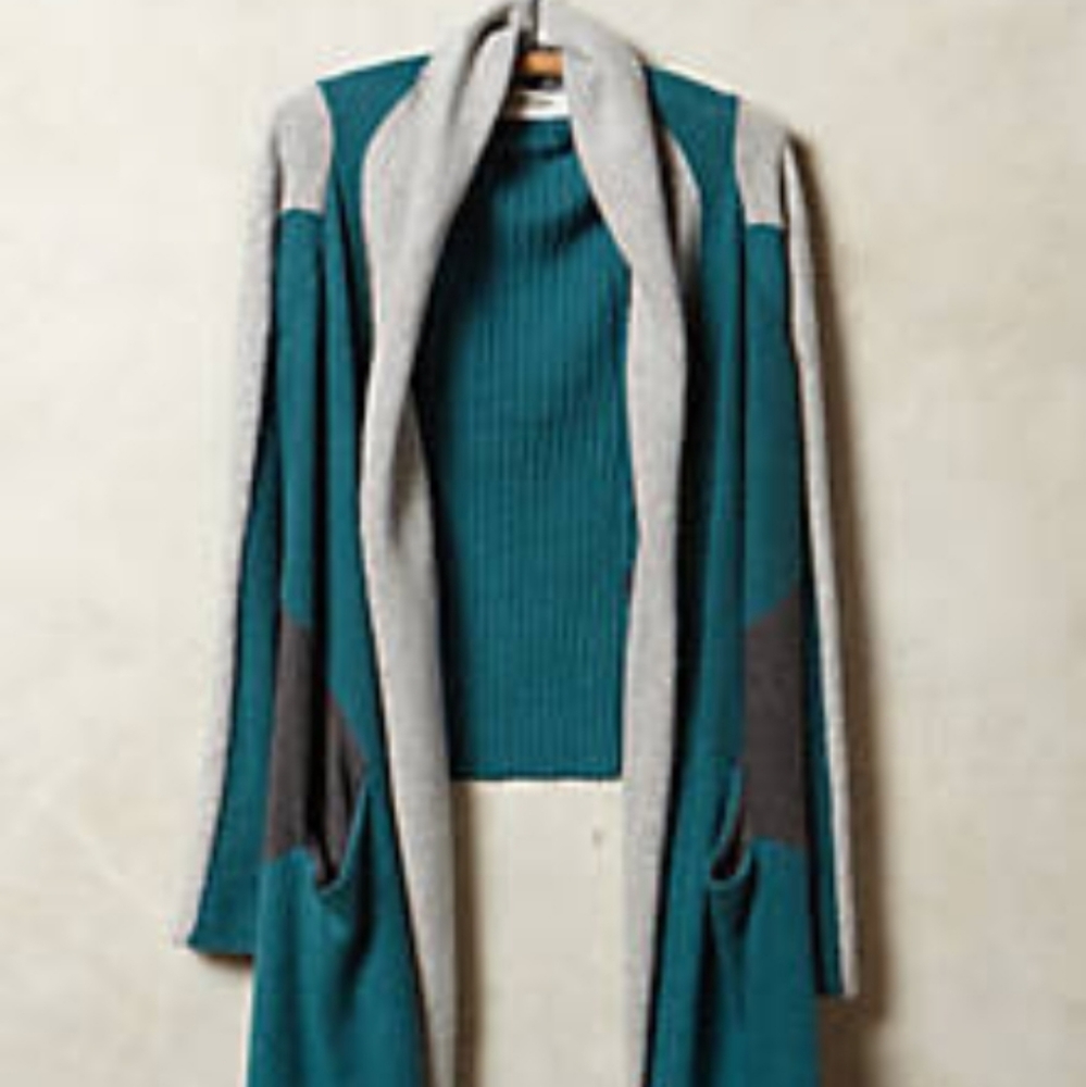 Anthropologie Sparrow Medium Patchwork High Low Cardigan Grey Teal
